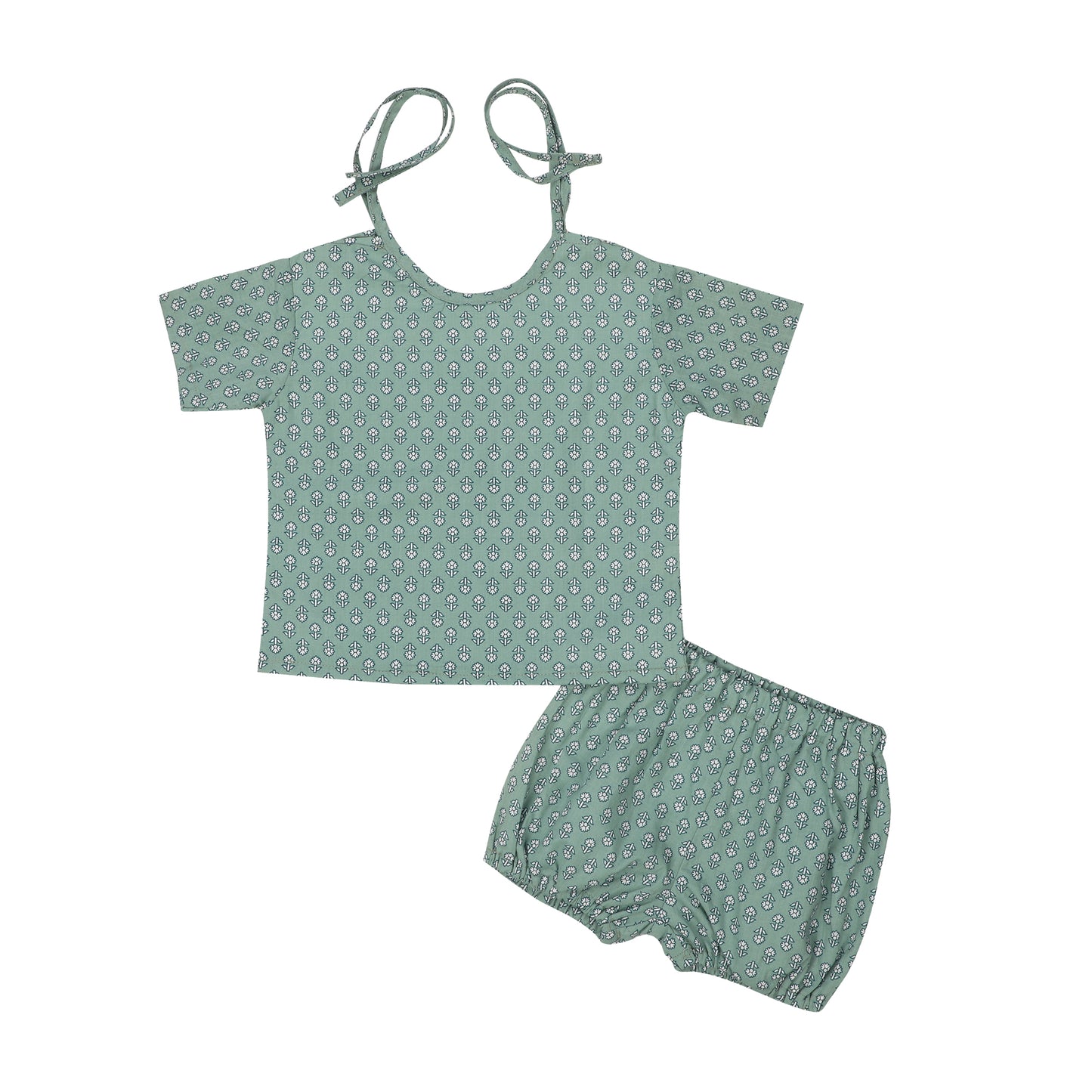 Cotton Jhabla Set for Infants | 2 Piece - Floral Print I Sea Green