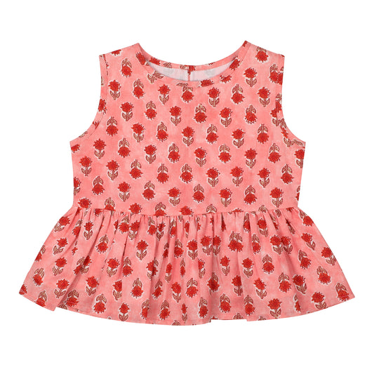 Cotton Frock for Girls | Sleeveless - Floral Print | Peach