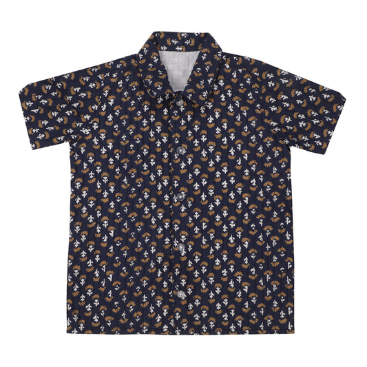 Cotton Shirt for Boys | Standard Collar - Golden Print | Navy Blue