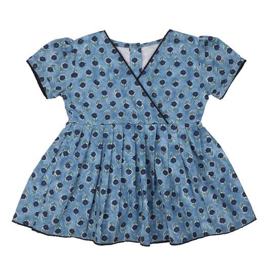 Cotton Frock for Girls | Short Sleeve - Floral Print | Blue