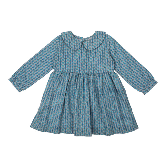 Cotton Frock for Girls | Peter Pan Collar - Floral Print | Blue