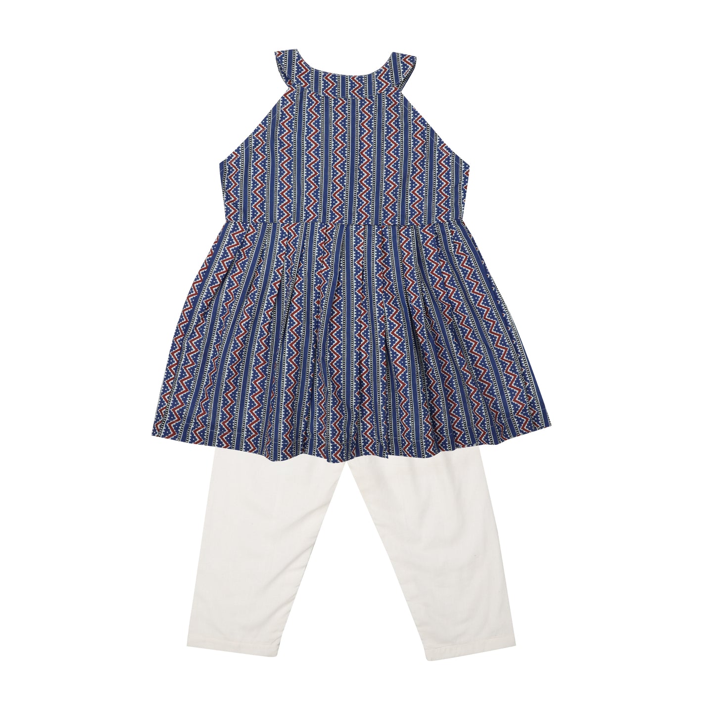 Cotton Frock for Girls with Pyjama | Sleeveless - Geometric Print | Blue