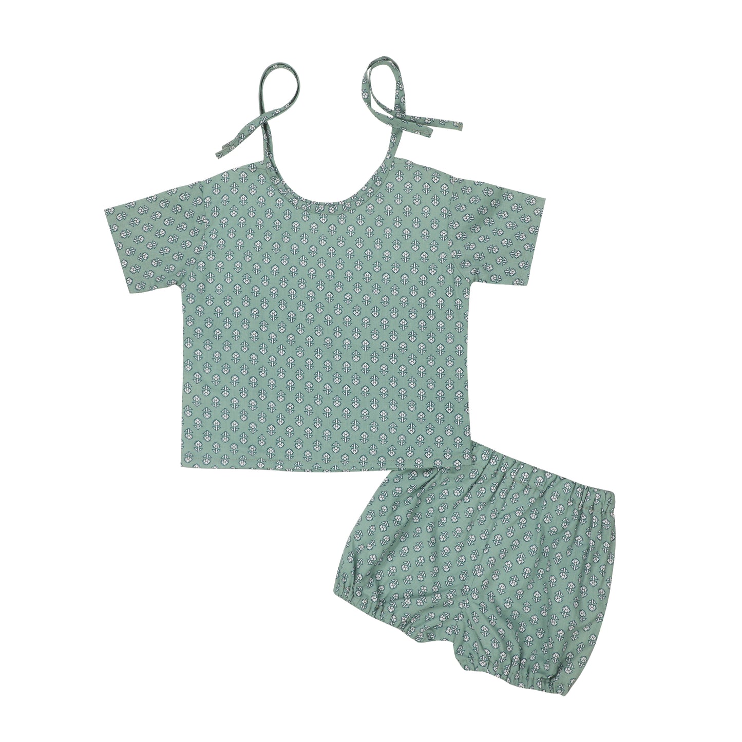 Cotton Jhabla Set for Infants | 2 Piece - Floral Print I Sea Green