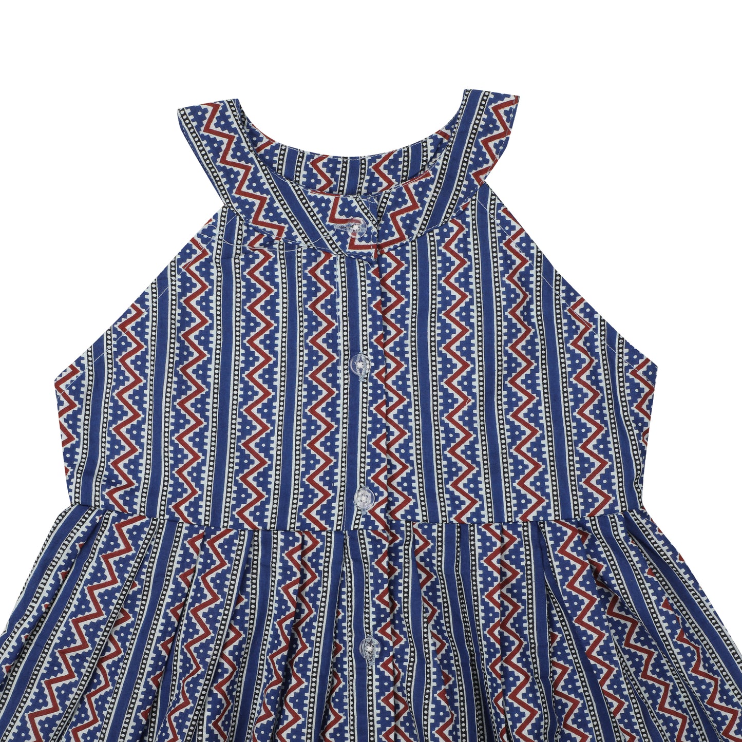 Cotton Frock for Girls with Pyjama | Sleeveless - Geometric Print | Blue
