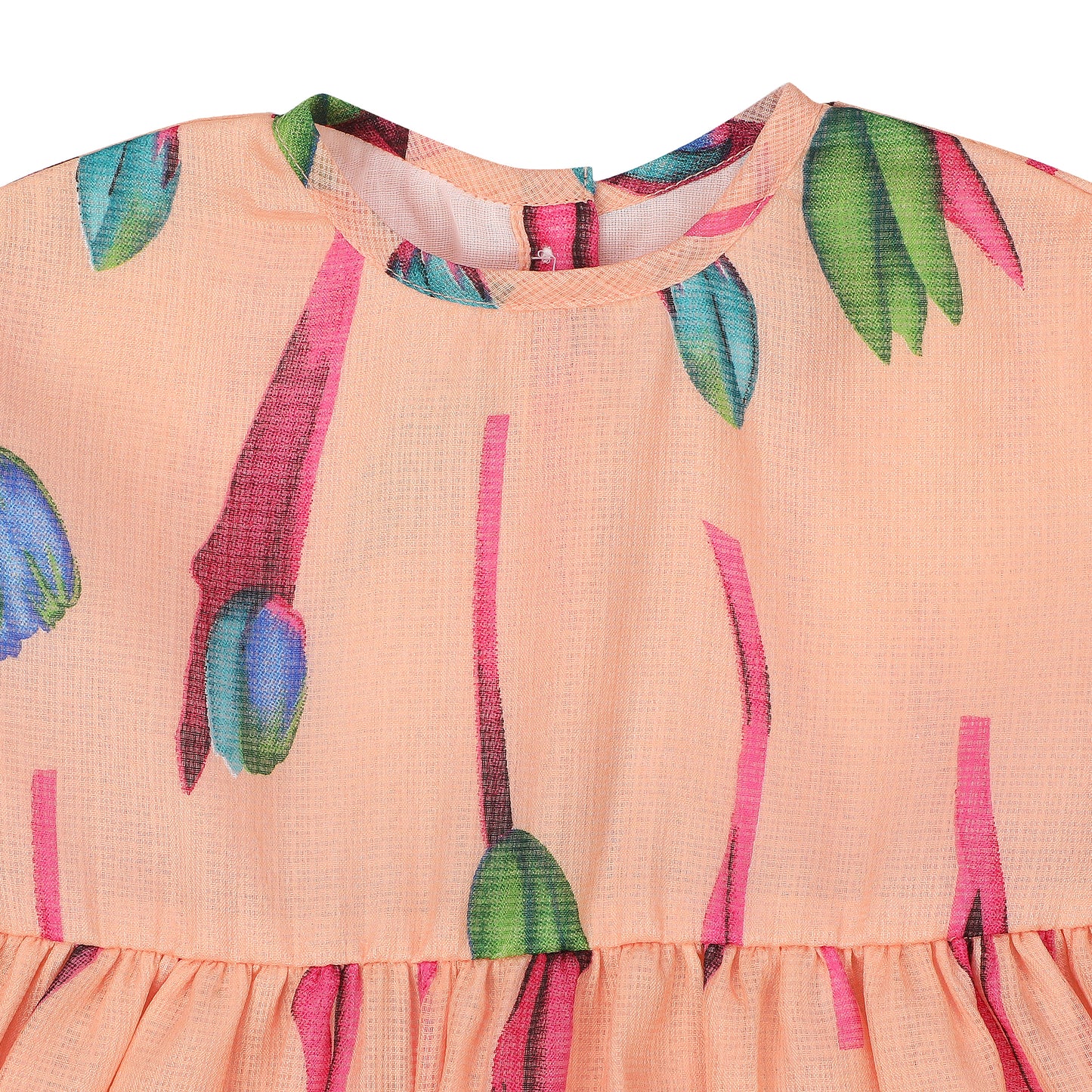 Cotton Frock for Girls | Butterfly Sleeves - Floral Print | Peach
