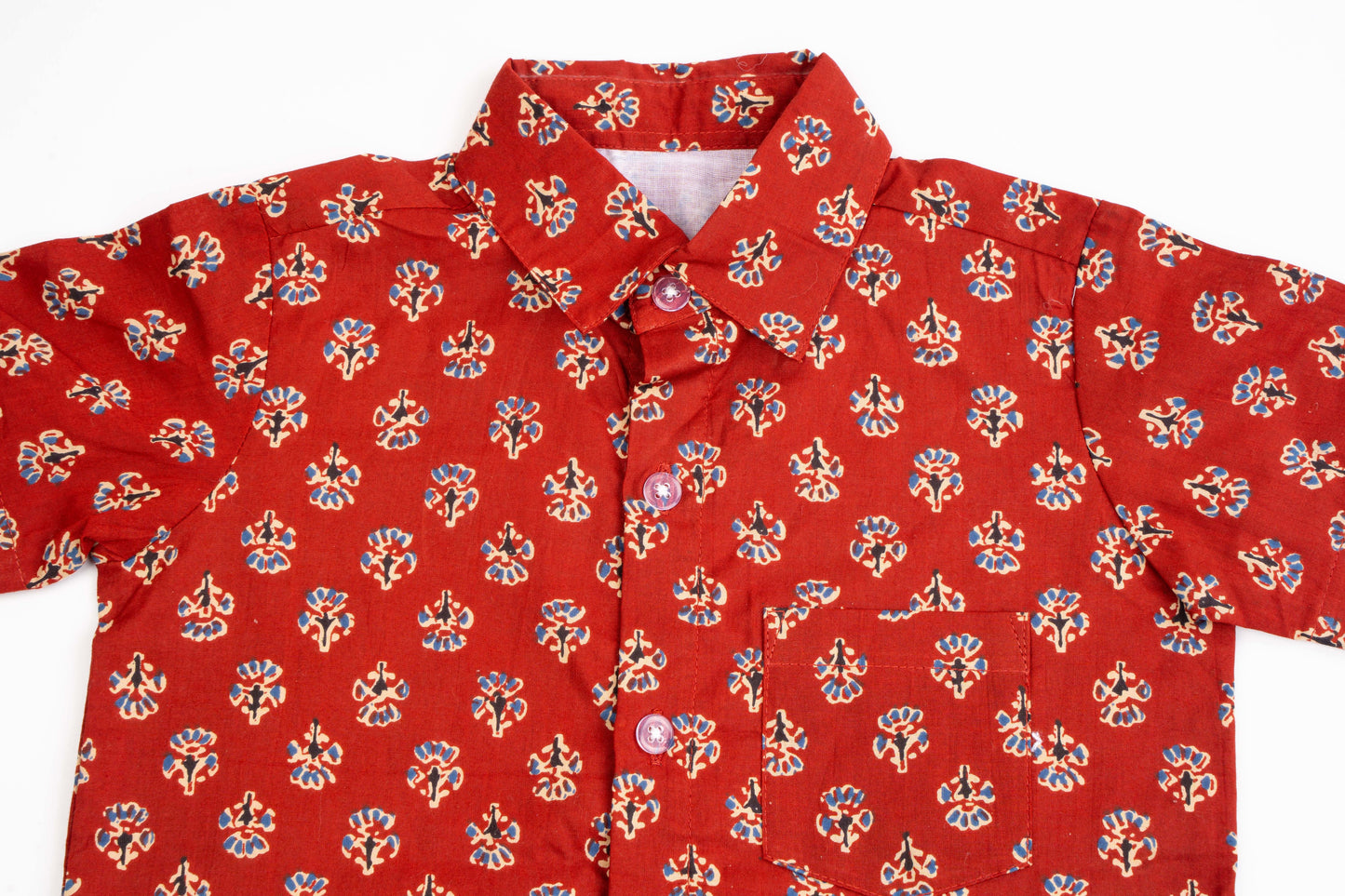 Cotton Shirt for Boys | Standard Collar - Floral Print | Rusty Red